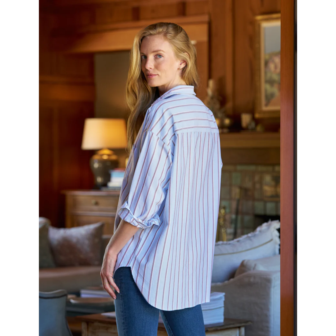 Shirley Oversized Button-Up - Blue, Brown Stripe