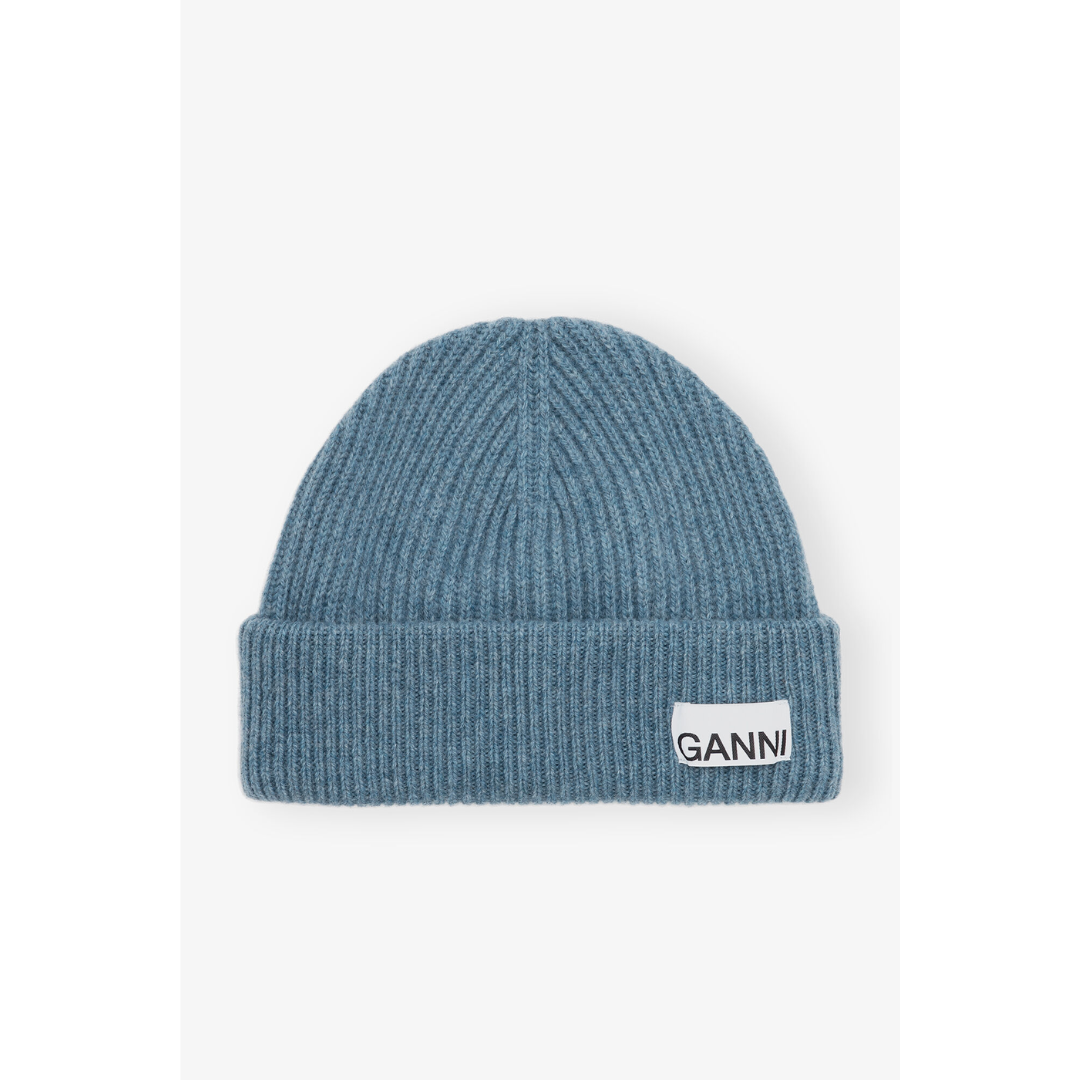 Blue Fitted Rib Knit Wool Beanie