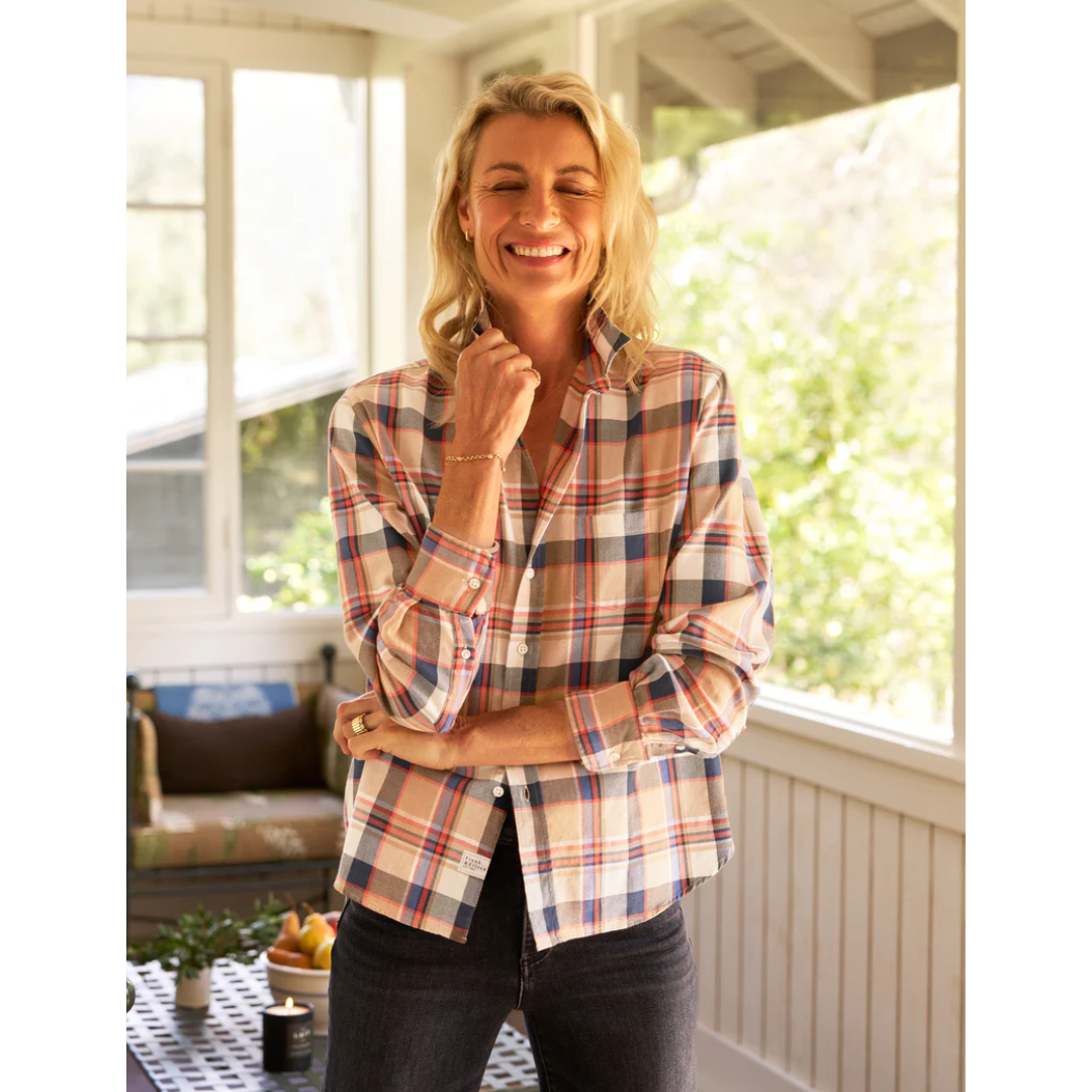 Eileen Relaxed Button-Up Shirt - Camel and Navy with Orange Plaid