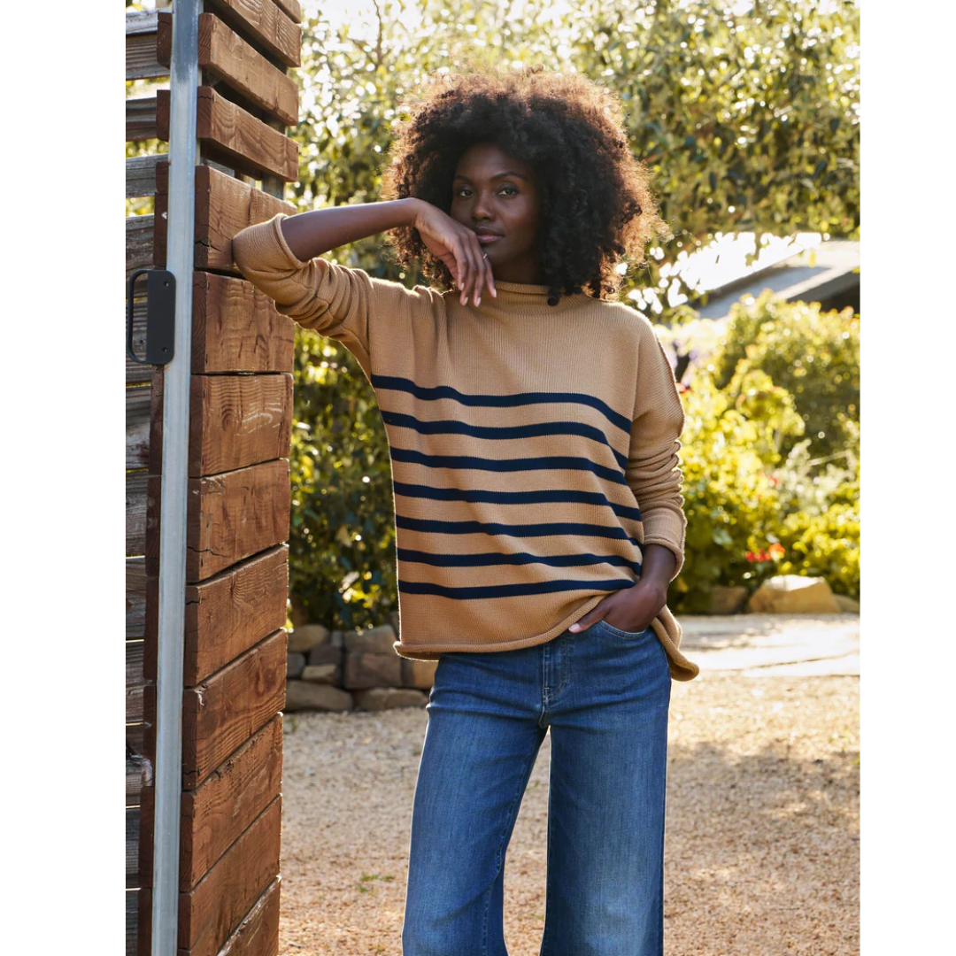 Monterey Sweater - Camel with Navy Stripe