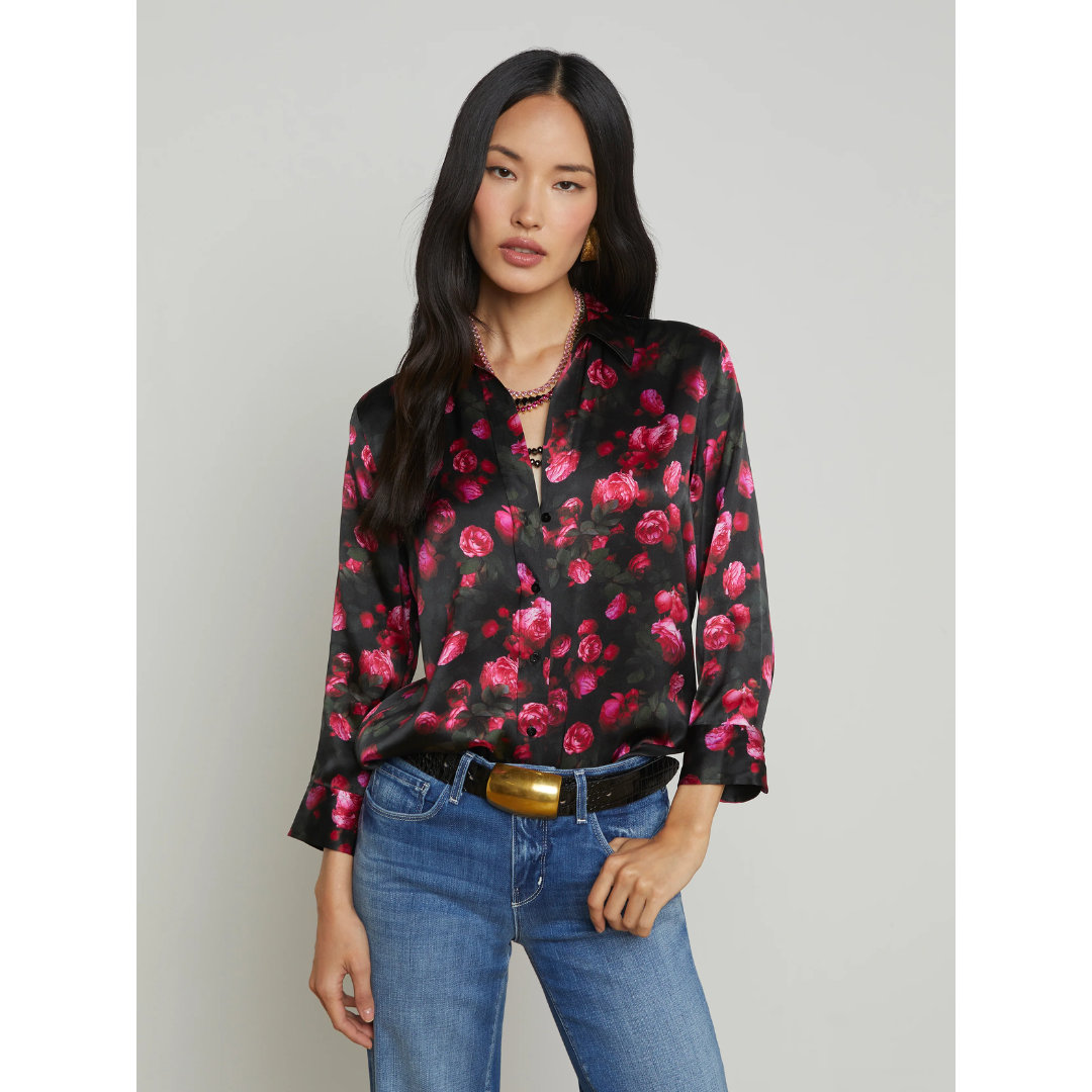 Dani Silk Blouse - Black/Pink Rosa Chinensis