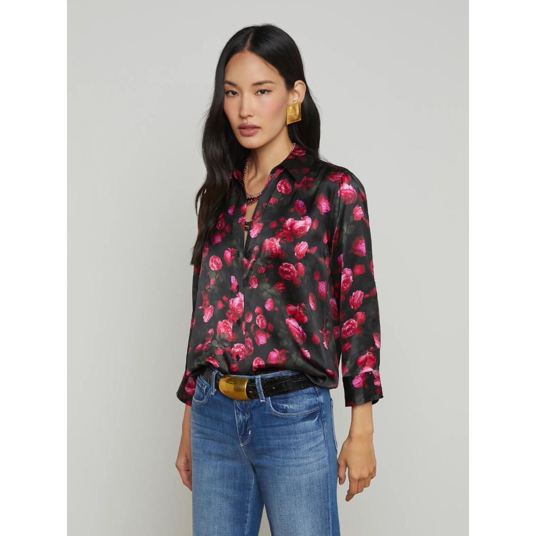 Dani Silk Blouse - Black/Pink Rosa Chinensis