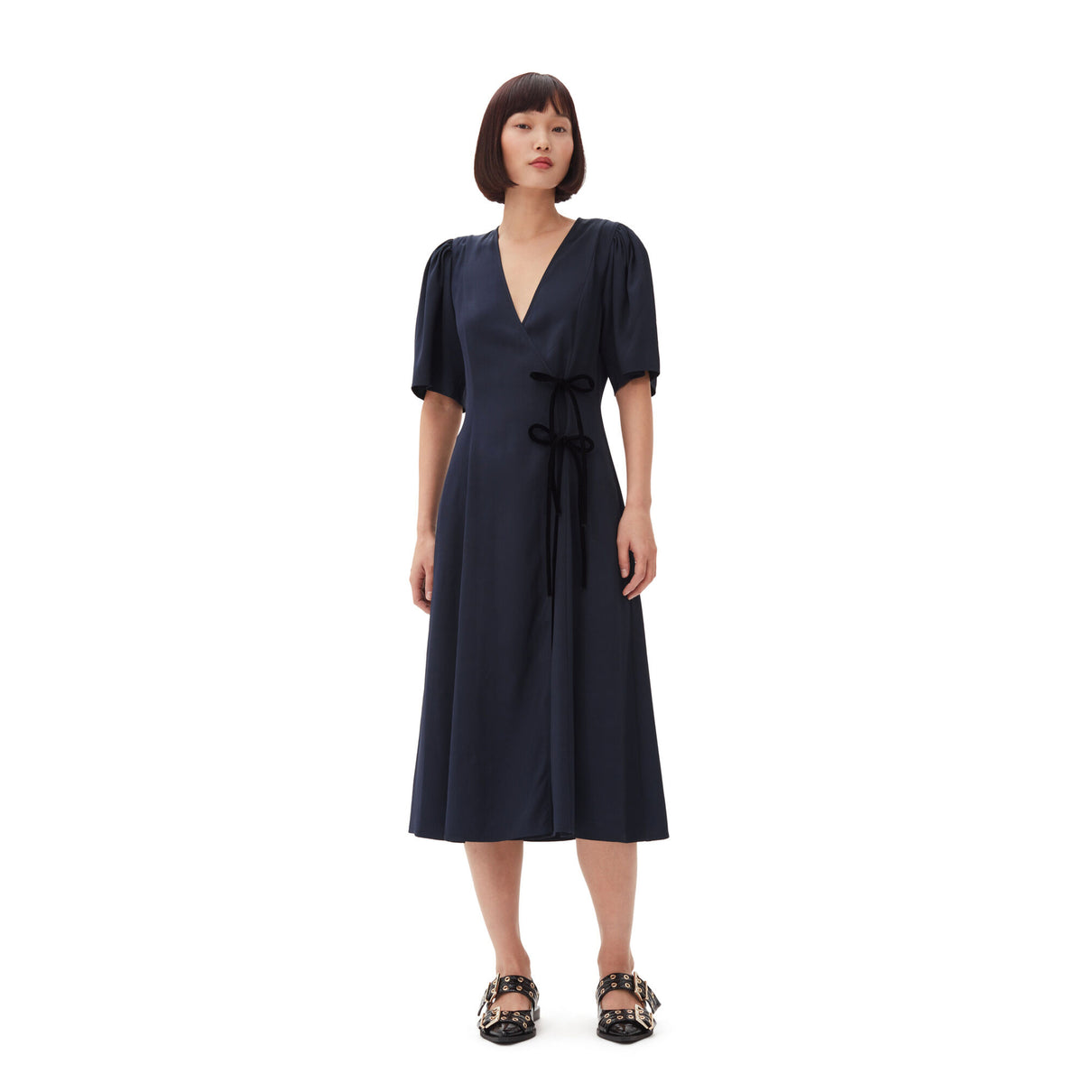 Navy Blue Viscose Twill Wrap Midi Dress