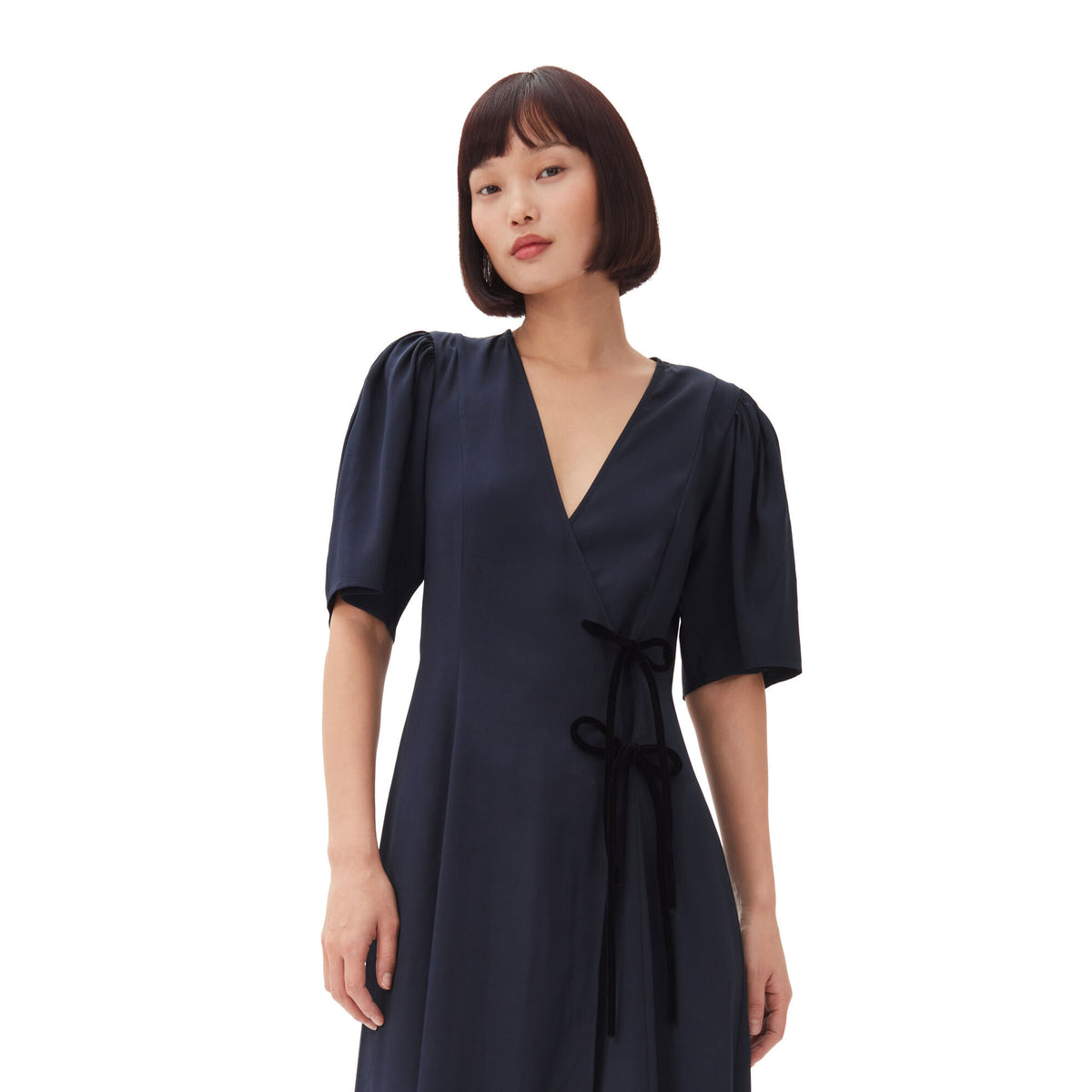 Navy Blue Viscose Twill Wrap Midi Dress