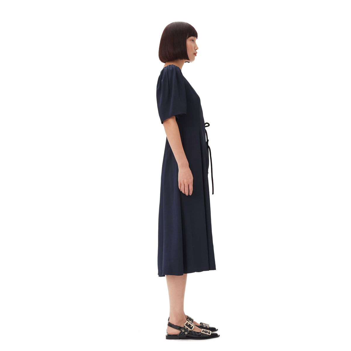 Navy Blue Viscose Twill Wrap Midi Dress