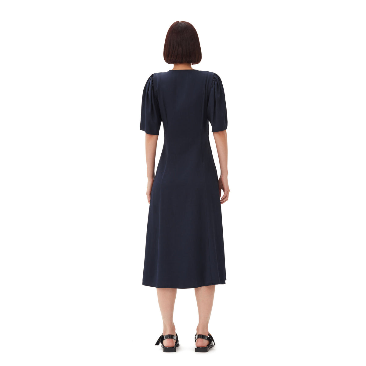 Navy Blue Viscose Twill Wrap Midi Dress