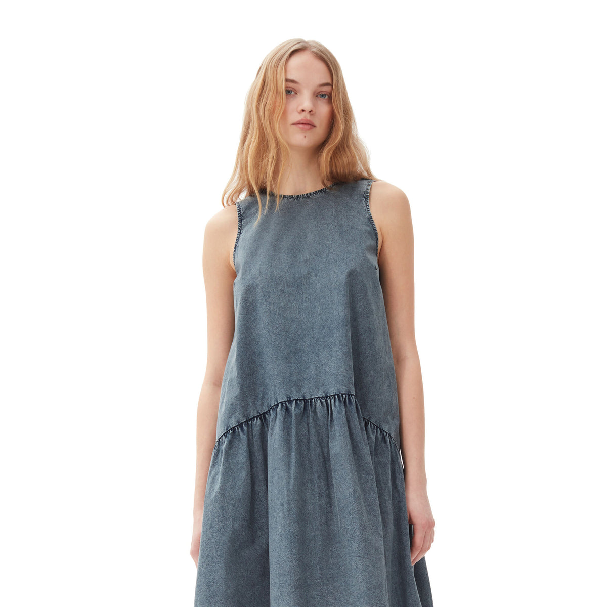 Blue Cotton Poplin Open Back Midi Dress