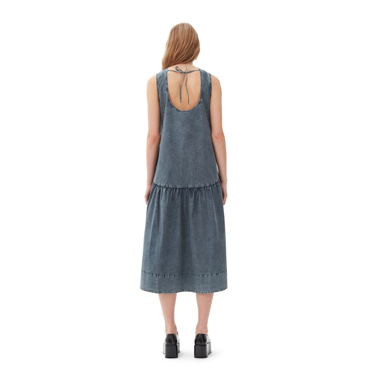 Blue Cotton Poplin Open Back Midi Dress