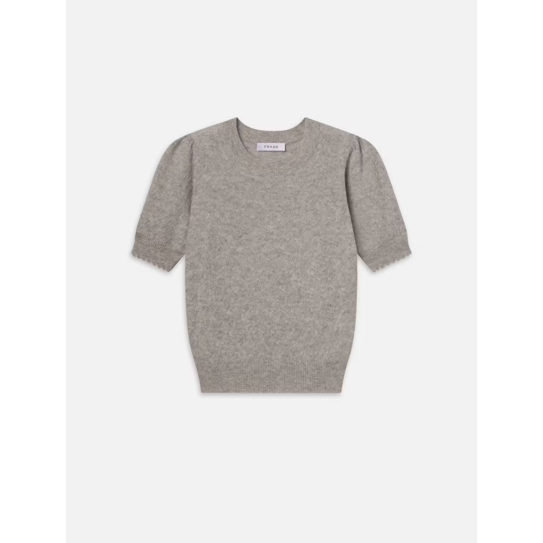 Pointelle Puff Sleeve Sweater - Light Heather Grey