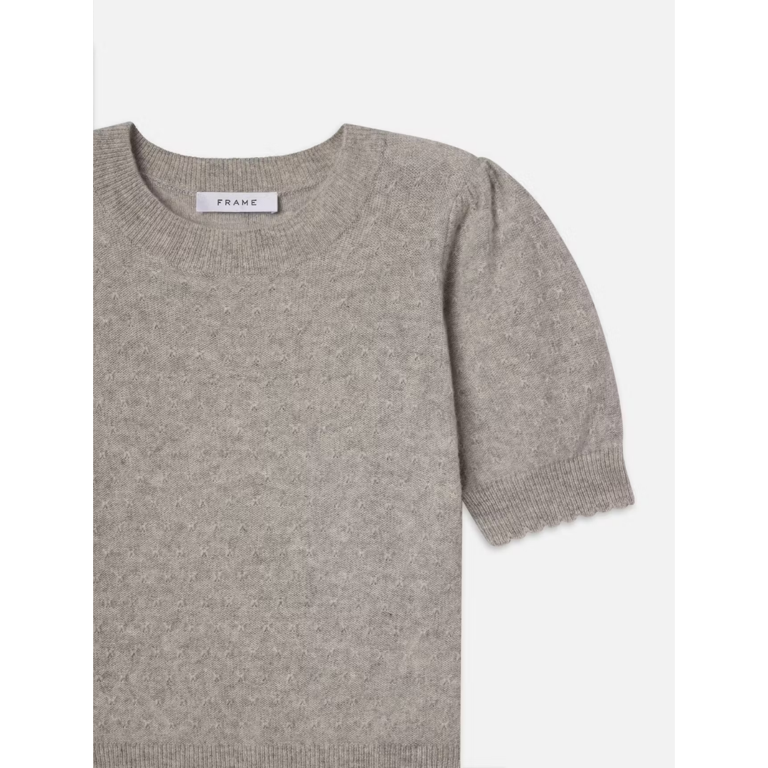 Pointelle Puff Sleeve Sweater - Light Heather Grey