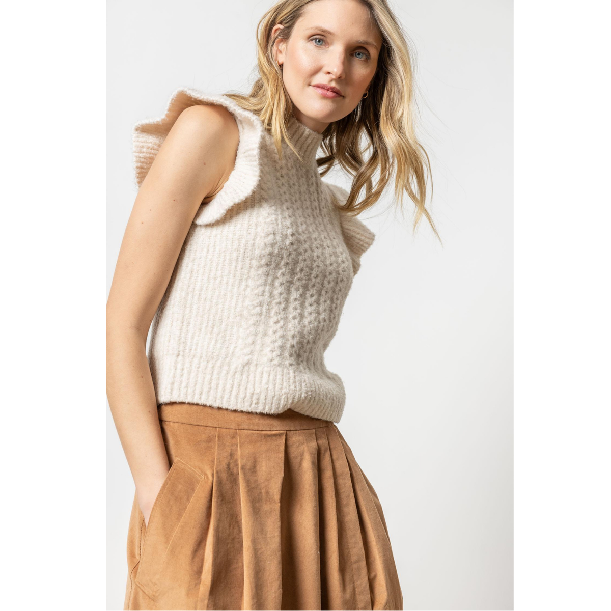 Flutter Sleeve Mock Neck Sweater