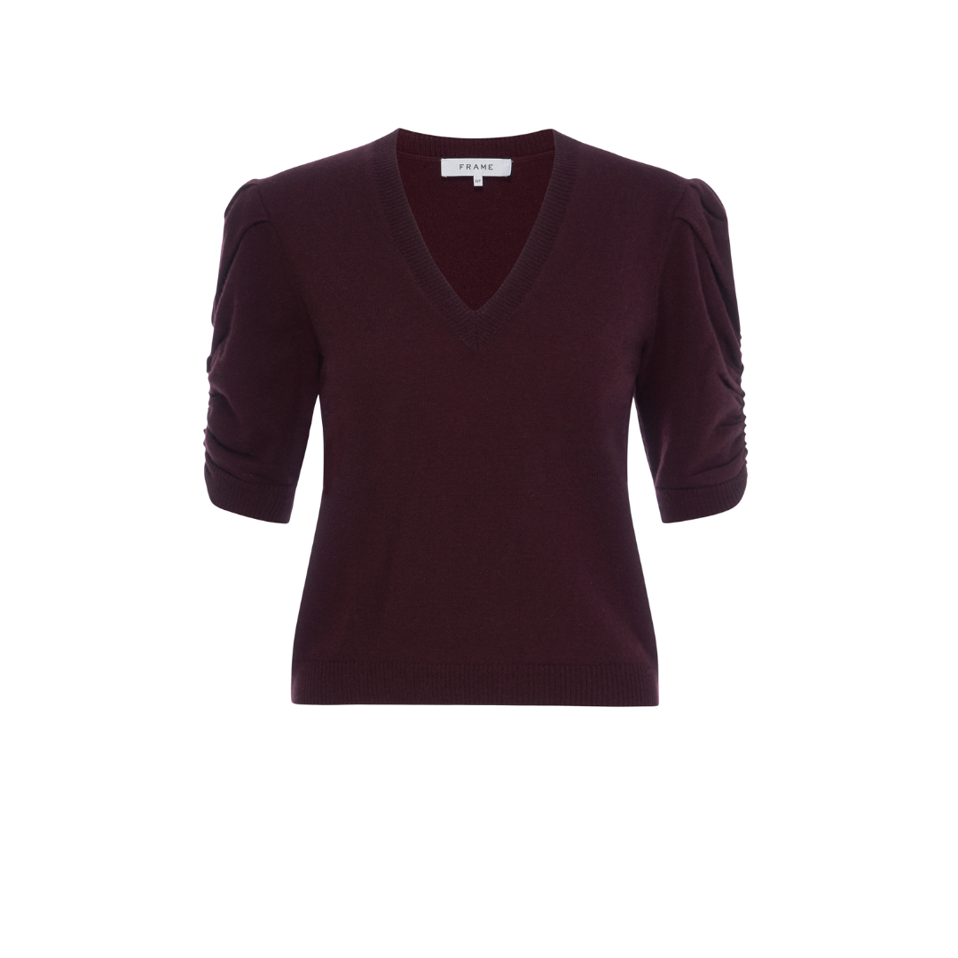 Ruched V-Neck Cashmere Sweater - Deep Burgundy